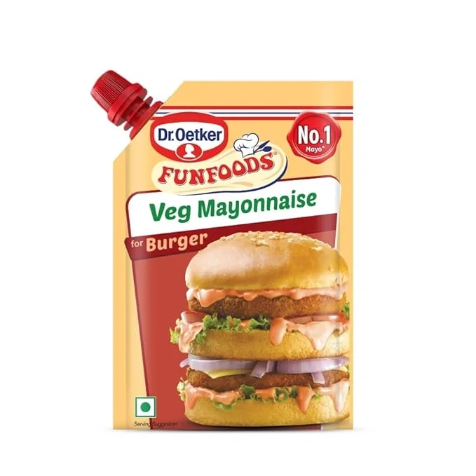 Dr. Oetker FunFoods Veg Burger Mayonnaise, 100g. Creamy and tangy vegetarian burger mayo with 38% juicy tomatoes.