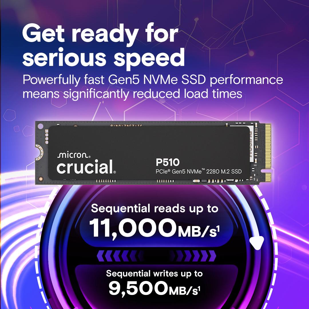Crucial P510 2TB PCIe Gen5 NVMe 2280 M.2 SSD, Read and Write speeds up to 10000 & 8700 MBps, 5 Year Warranty thumbnail 2