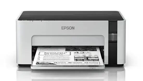 Epson M1100 EcoTank monochrome printer. A4, ink tank, single function, up to 32 PPM, USB 2.0, 3-year warranty.