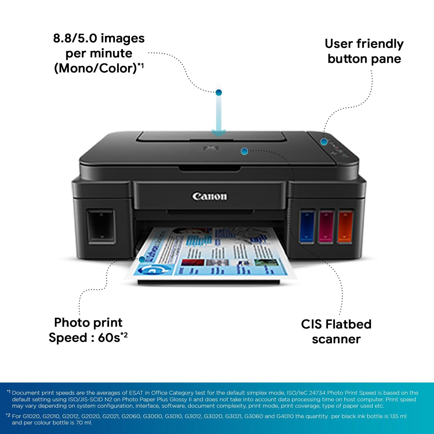 Canon PIXMA MegaTank G3000 A4 Ink Tank Colour Multifunction Printer | 8.8 IPM (Black) / 5.0 IPM (Colour) | USB 2.0, Wireless or WiFi | with 2 Additional Black Ink Bottles for Home and Office | 1 Year Warranty thumbnail 4