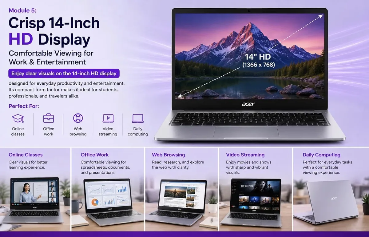 Acer One 14 Z14-55M, AMD Ryzen 3 7320U, 8GB LPDDR5 RAM, 512GB NVMe SSD, Windows 11 Home, Ms-Office, 14-Inch HD Display, AMD Radeon 610M Graphics, Silver, Thin and Light Laptop, 1 Year Warranty image 4