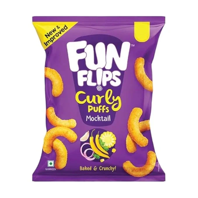 Fun Flips Curly Puffs Mocktail baked crispy yummy tasty and healthy ready to eat snacks, 63gm