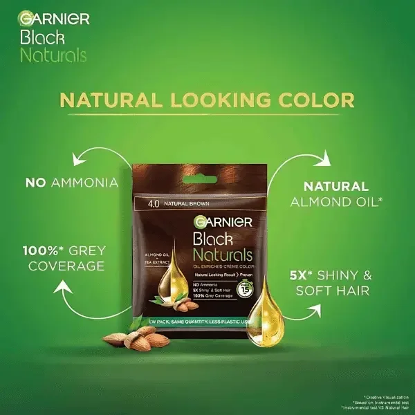 Garnier Black Naturals Crème Hair Colour, 20g+20ml - 4.0 Natural Brown image 3