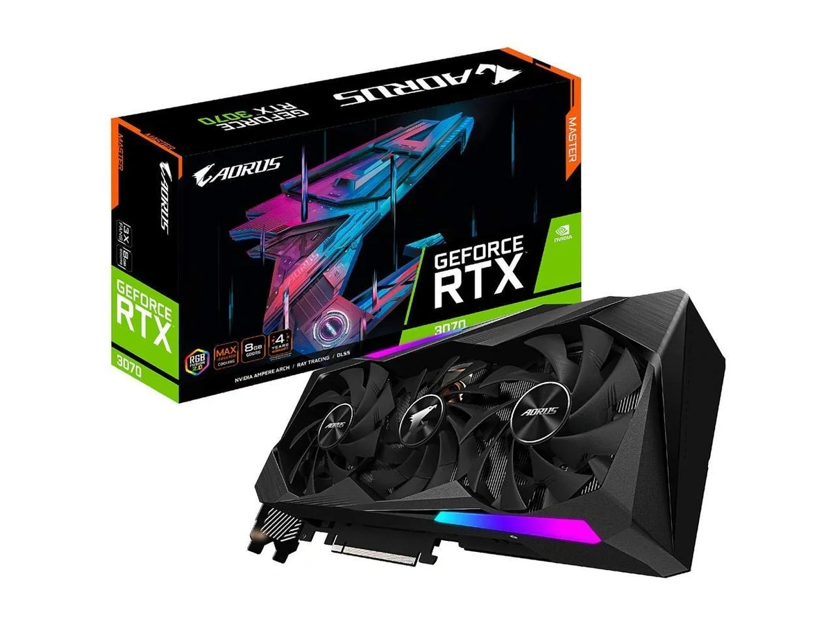 Gigabyte AORUS RTX 3070 Master 8G graphics card with Windforce fans.