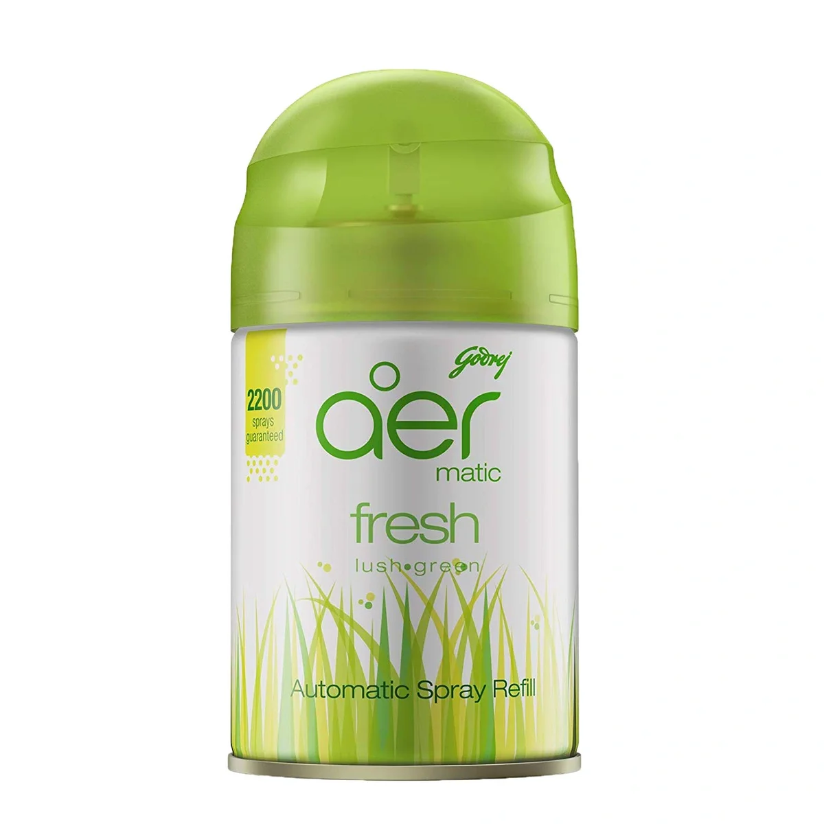 Godrej aer matic automatic room freshener refill, fresh lush green scent, lasts up to 60 days.
