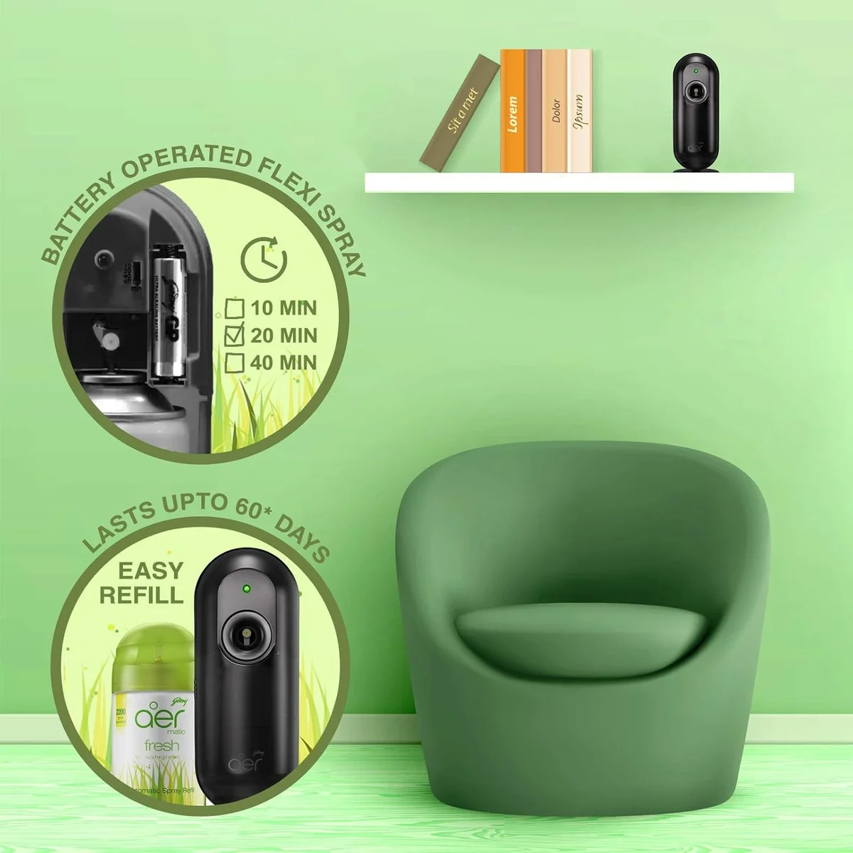  Godrej aer Matic Automatic Room Fresheners Refill Pack | Fresh Lush Green | 2200 Sprays Guaranteed | Lasts up to 60 days (210ml) image 2