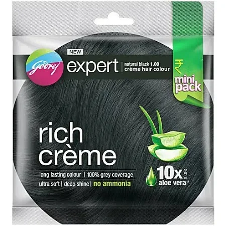 Godrej Expert Rich Creme Hair Colour - Natural Black, Long-Lasting, 100% Grey Coverage, No Ammonia, 24 ml 