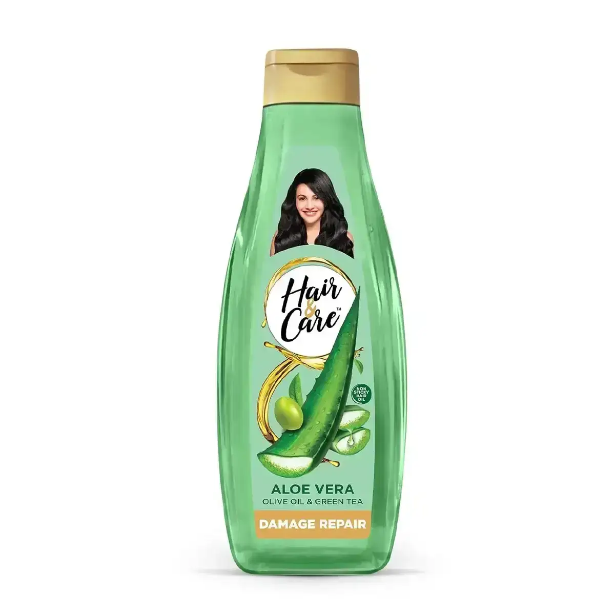 Hair & Care Aloe Vera Oil, a non-sticky hair oil with Olive Oil & Green Tea, for damage repair. 300 ml bottle.