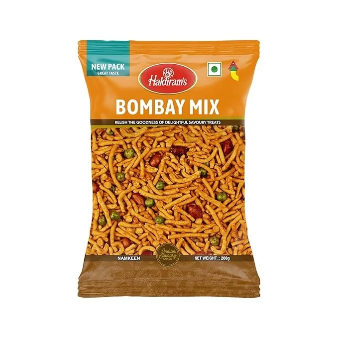 Haldiram's Bombay Mixture, a 200gm pack of Bombay style namkeen snacks.