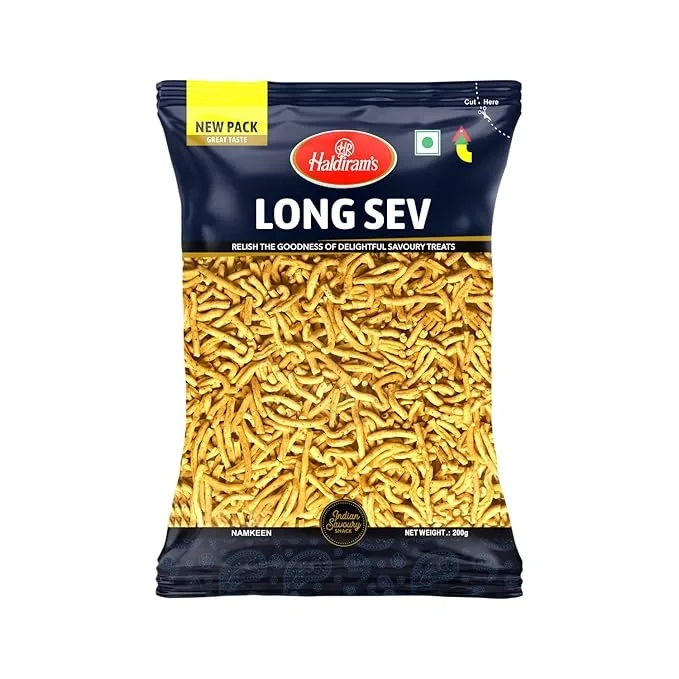 Haldiram's Long Sev, a crispy and crunchy traditional sev snack in a 200gm package.