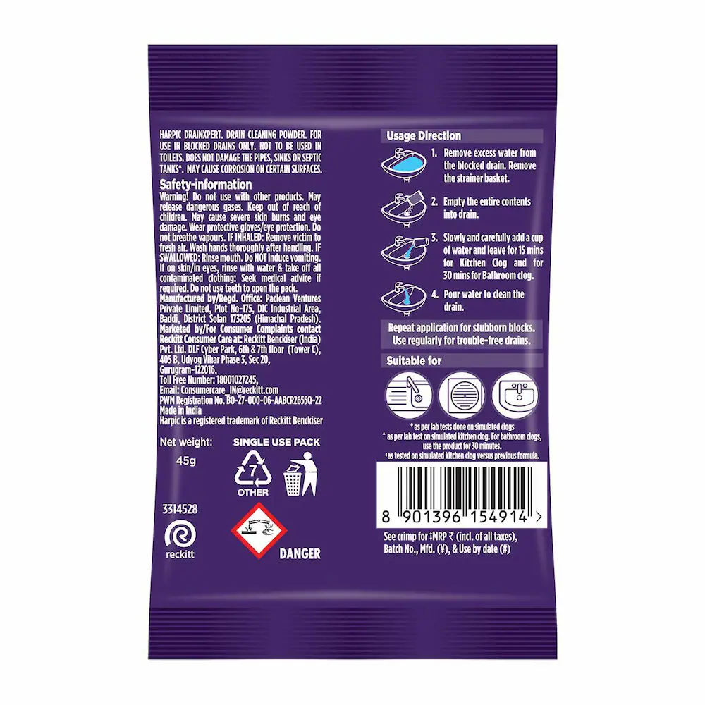   Harpic DrainXpert Drain Cleaner Powder Sachets | Removes Blockages in Pipes, Sinks & Septic Tanks| Works within 15 minutes |45 gm image 2