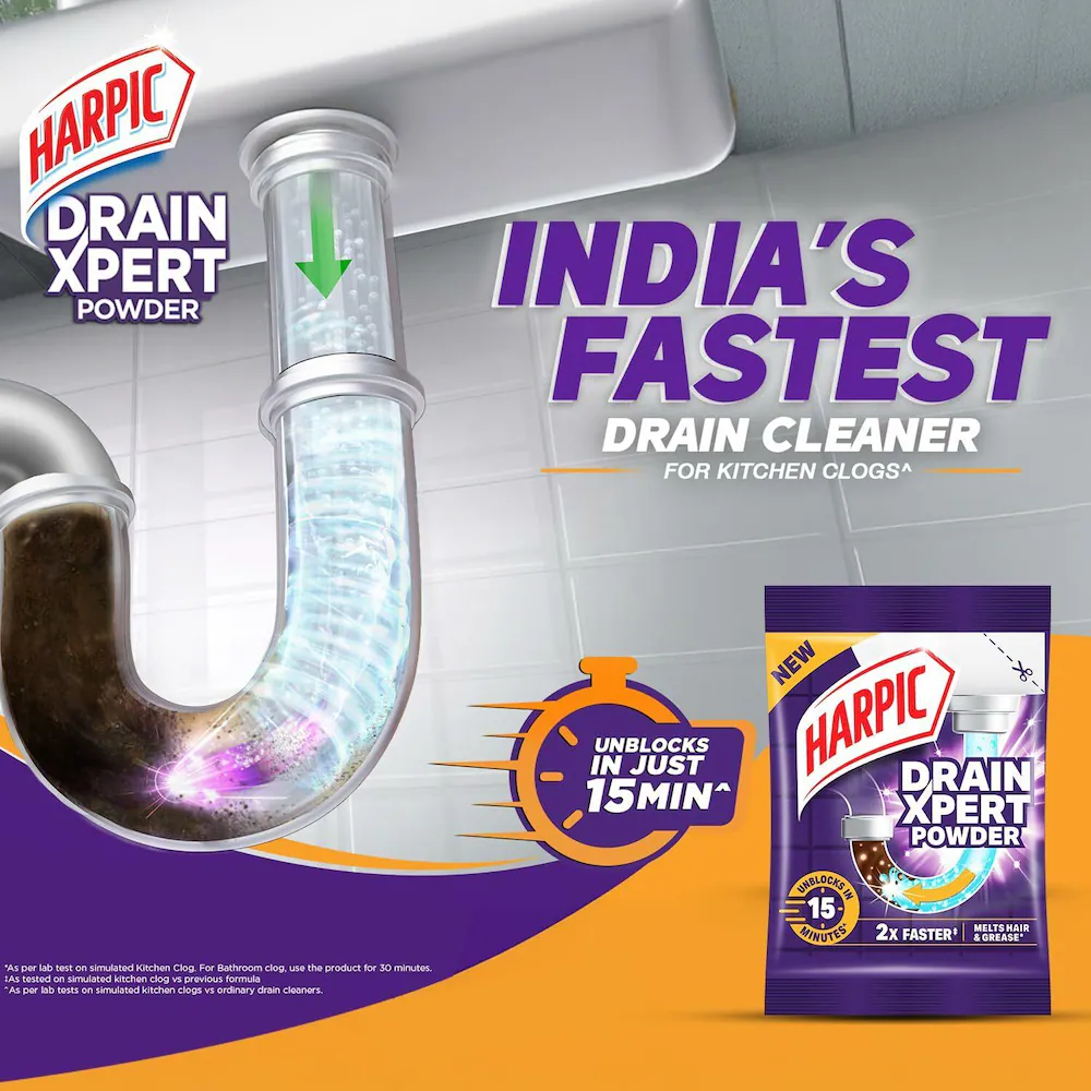   Harpic DrainXpert Drain Cleaner Powder Sachets | Removes Blockages in Pipes, Sinks & Septic Tanks| Works within 15 minutes |45 gm image 3