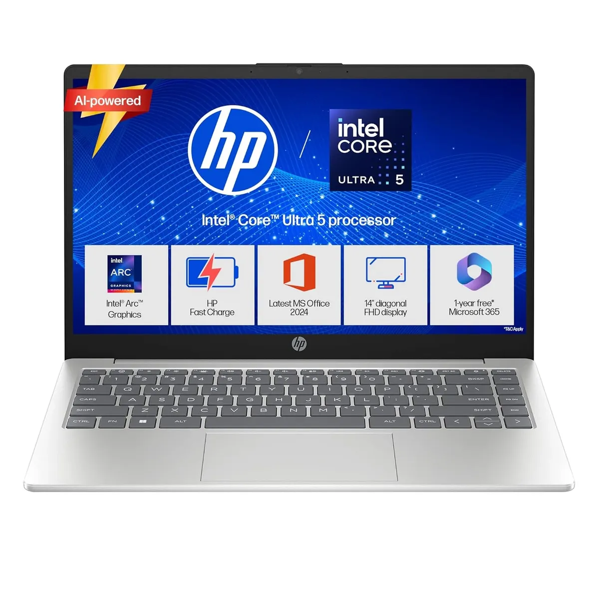 HP 14, Intel Core Ultra 5 125H, 24GB DDR5, 1TB SSD, 14''/35.6cm, FHD, Micro-Edge, Anti-Glare, Win 11 Home, Microsoft 365* Office 24, Silver, 1.4kg, ep1180TU, FHD Camera, Backlit Laptop
