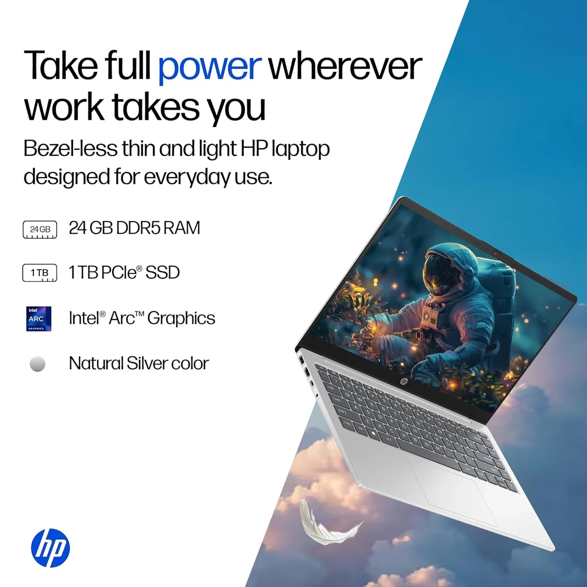 HP 14, Intel Core Ultra 5 125H, 24GB DDR5, 1TB SSD, 14''/35.6cm, FHD, Micro-Edge, Anti-Glare, Win 11 Home, Microsoft 365* Office 24, Silver, 1.4kg, ep1180TU, FHD Camera, Backlit Laptop image 5