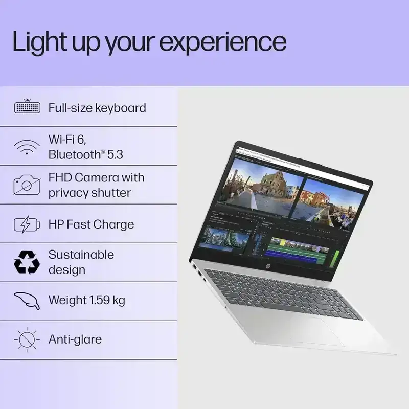 HP 15, 13th Gen Intel Core i3-1315U (12GB DDR4, 512GB SSD) FHD, Anti-Glare, Micro-Edge, 15.6''/39.6cm, Win11, M365 Basic(1yr)* Office24, Silver, 1.59kg, fd0573TU, FHD Camera w/Shutter Laptop image 3