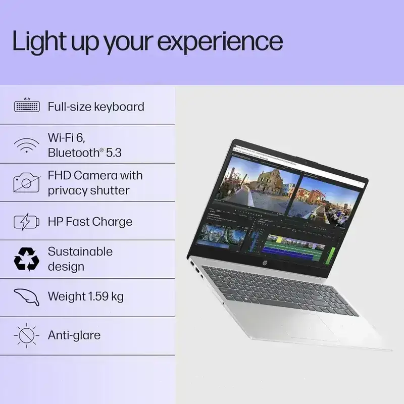 HP 15, 13th Gen Intel Core i3-1315U, 12GB DDR4 RAM, 512GB SSD, FHD, Anti-Glare, Micro-Edge, 15.6''/39.6cm, Win11, M365 Basic(1yr)* Office24, Silver, 1.59kg, fd0573TU, FHD Camera w/Shutter Laptop image 4