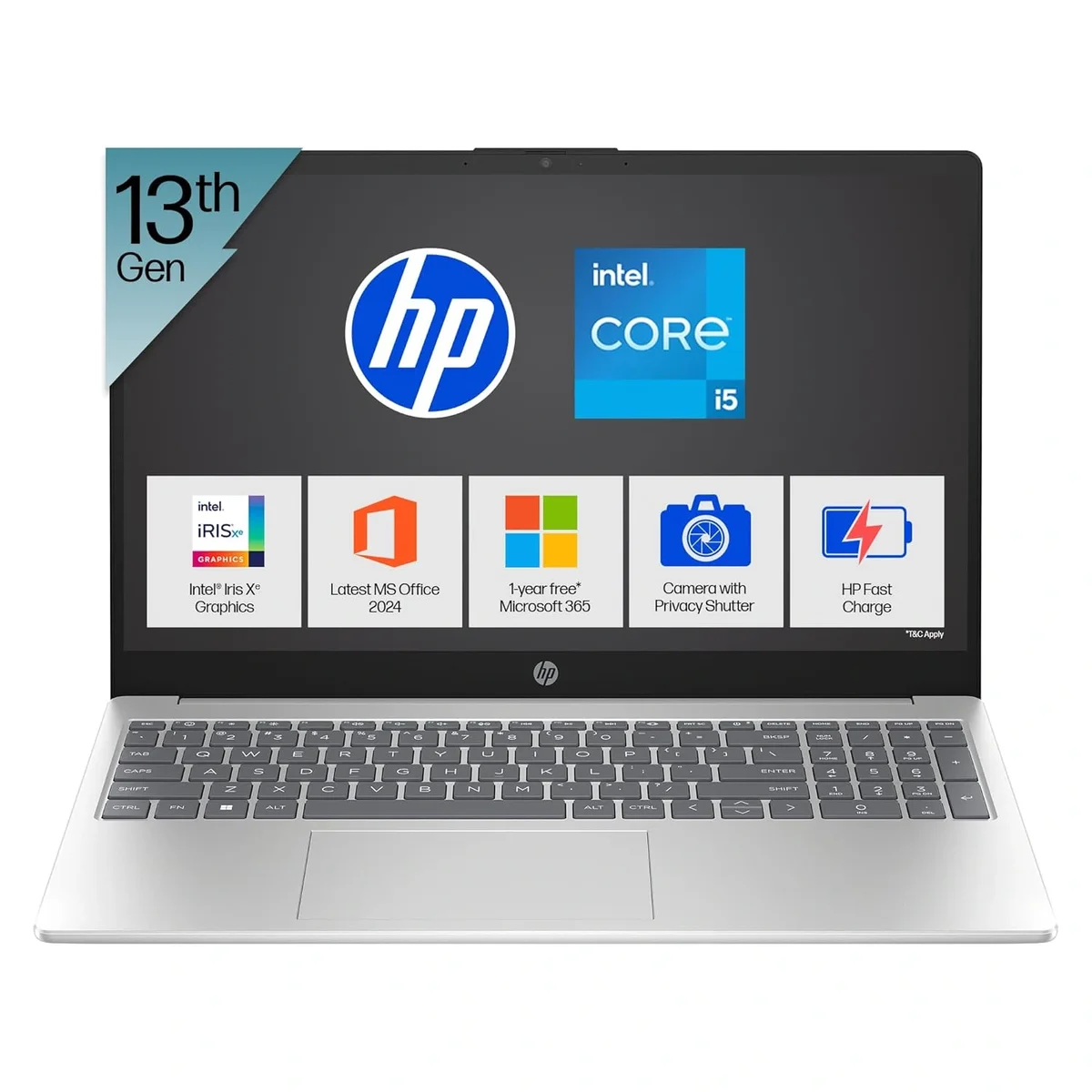HP 15, Intel Core i5-1334U, 12GB DDR4, 512GB SSD,) 15.6''/39.6cm FHD Anti-Glare Micro-Edge, Win 11 Home ,Microsoft Office 365 + Office 2024, Silver, 1.59kg, Iris Xe Graphics, FHD Privacy Shutter Camera, fd0575TU, 1 Year Warrany