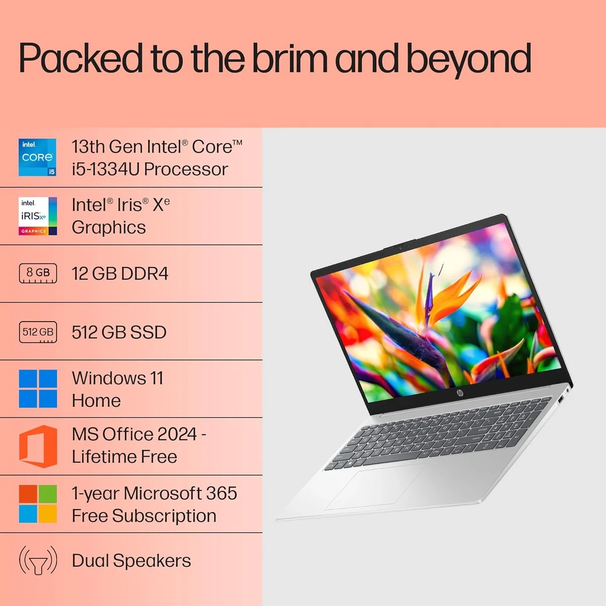 HP 15, Intel Core i5-1334U, 12GB DDR4, 512GB SSD, 15.6''/39.6cm FHD Anti-Glare Micro-Edge, Win 11 Home ,Microsoft Office 365 + Office 2024, Silver, 1.59kg, Iris Xe Graphics, FHD Privacy Shutter Camera, fd0575TU, 1 Year Warrany image 5