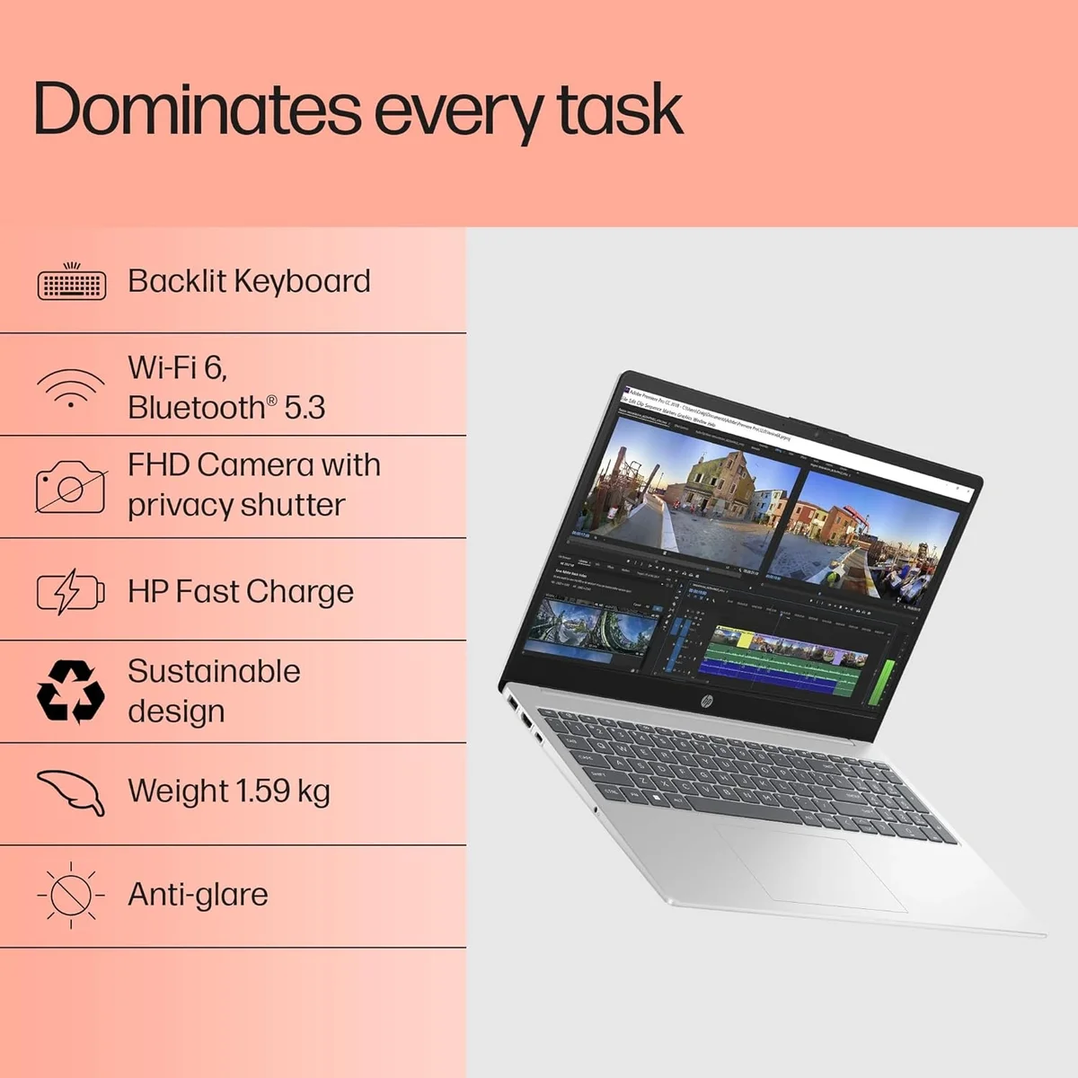 HP 15, Intel Core i5-1334U, 12GB DDR4, 512GB SSD, 15.6''/39.6cm FHD Anti-Glare Micro-Edge, Win 11 Home ,Microsoft Office 365 + Office 2024, Silver, 1.59kg, Iris Xe Graphics, FHD Privacy Shutter Camera, fd0575TU, 1 Year Warrany image 6