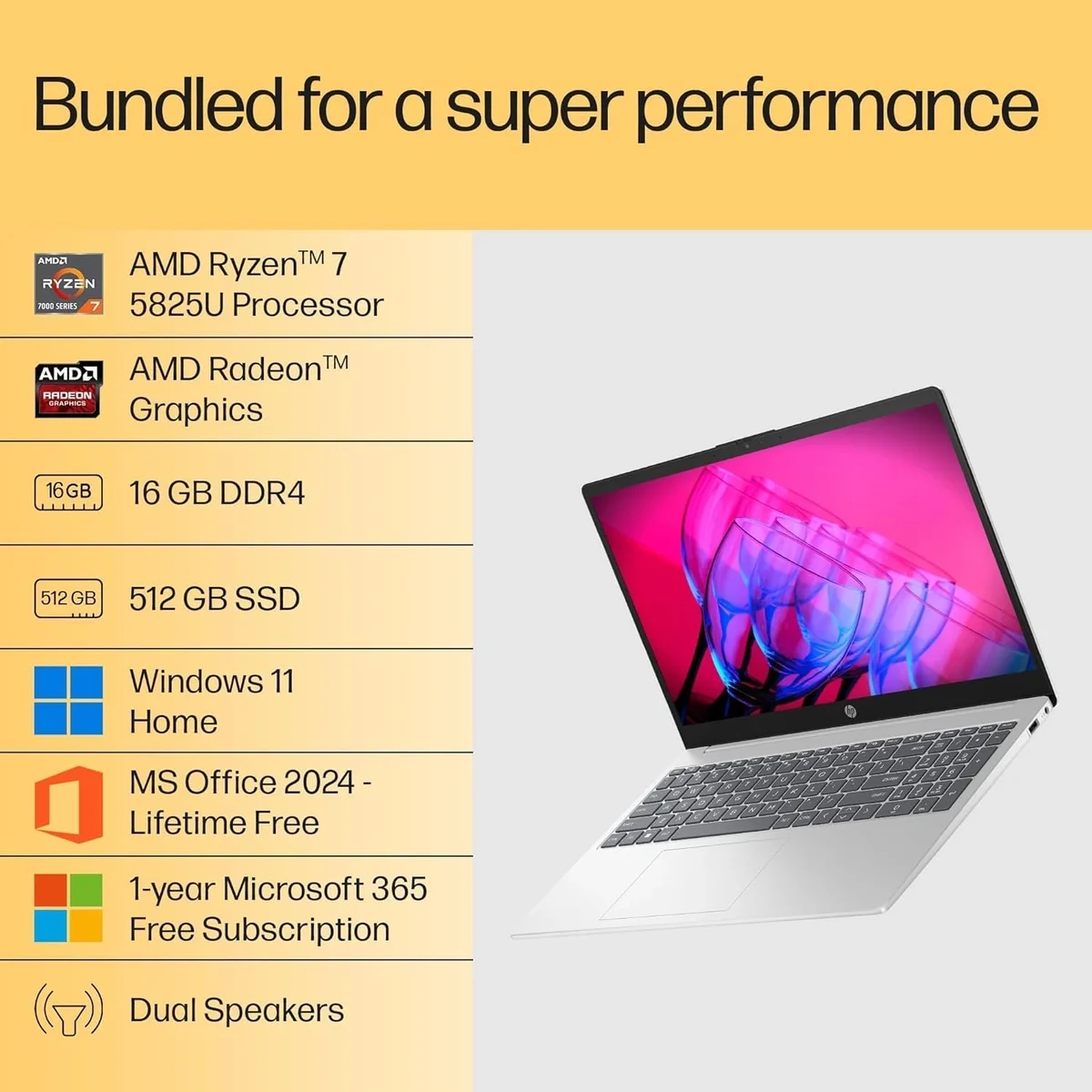 HP 15 Laptop, AMD Ryzen 7-5825U, 16GB DDR4 Ram, 512GB SSD, Win 11 Home, Office Home & Student 2024, Microsoft 365,15.6, Silver, 1.59kg, Backlit Keyboard, FHD Camera, Radeon Graphics, FC0533AU image 5