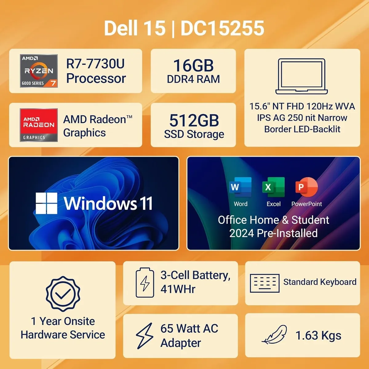 Dell 15, AMD Ryzen 7-7730U, 16GB DDR4, 512GB SSD, FHD, 15.6"/39.6cm, 120Hz, 250nits, Windows 11 Home, Microsoft Office Home 2024, Platinum Silver, 1.63Kg, AMD Radeon Graphics, Thin & Light, 1 Year Warranty, Dell 15 DC15255 Laptop image 3