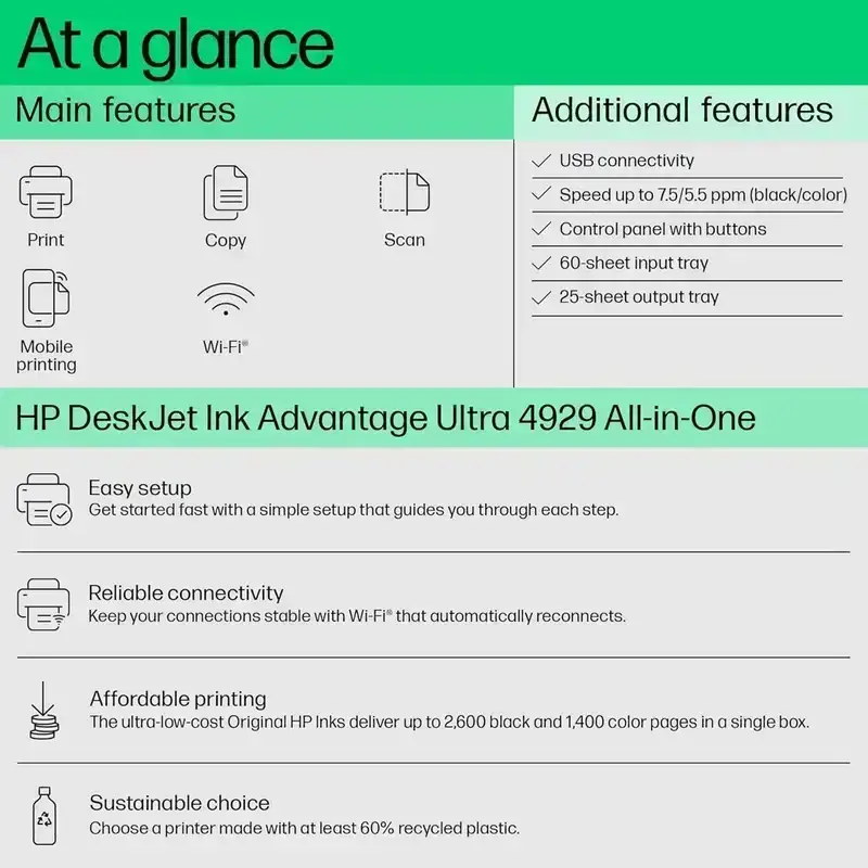 HP Ink Advantage Ultra 4929 A4 Inkjet Colour Multifunction Printer | 20 PPM (Black) and up to 5.5 PPM (Color) | 64 MB | USB, Wireless or Wi-Fi | Print, Copy, Scan | 1 Year Warranty image 6