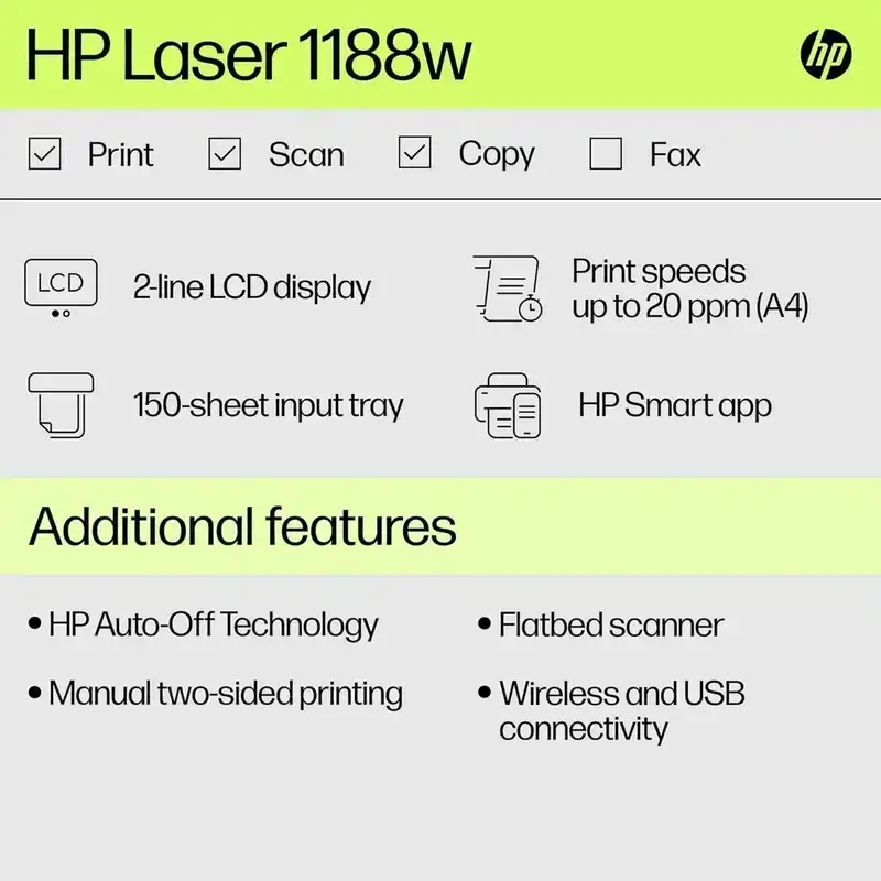HP Laser MFP 1188w, Wireless, Print, Copy, Scan, Ethernet, Hi-Speed USB 2.0, Up to 21 ppm, 150-sheet Input Tray, 100-sheet Output Tray, 10,000-page Duty Cycle, Black and White, 1 Year Warranty image 4