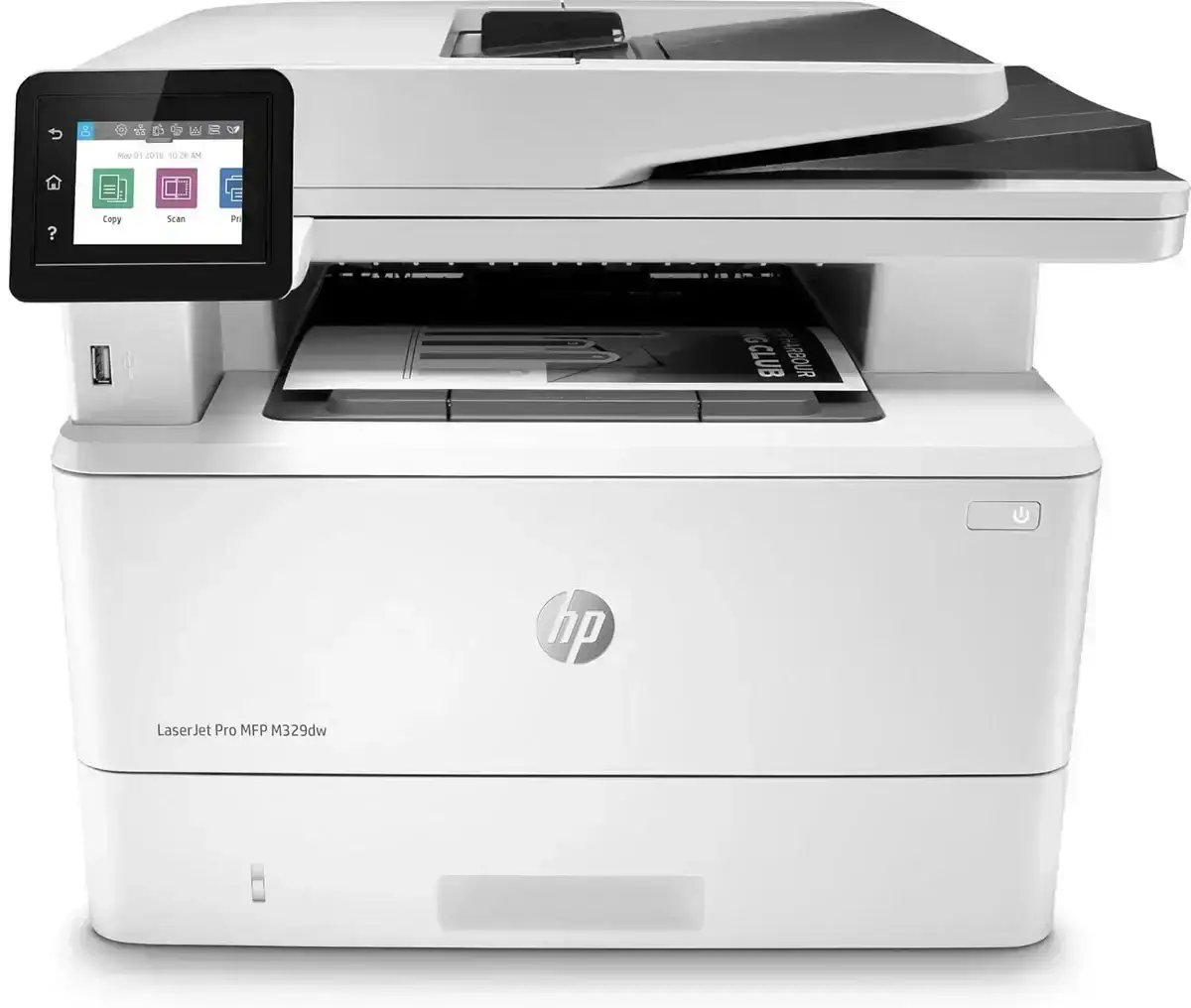 HP LaserJet M329dw multifunction printer with duplex printing, wireless connectivity, and ADF for efficient document management.