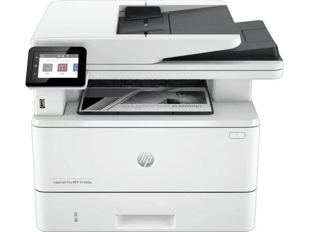 HP LaserJet Pro MFP 4104dw multifunction printer with duplex printing, ADF, and color touchscreen.