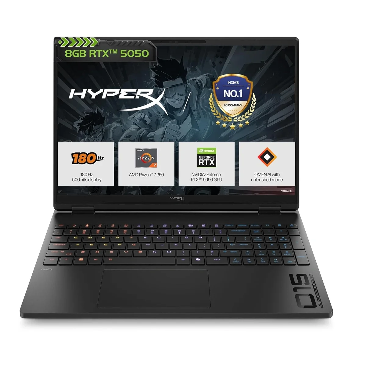 HP Smartchoice HyperX OMEN 15, AMD Ryzen 7 260, 24GB DDR5, 1TB SSD, 8GB-RTX 5050, 15.3''/38.9cm, 180Hz, 2.5K, 500 nits, 3ms RT, Win 11 Home, MS Office 2024, Black, 2.42kg, gb0038AX, 1 Year Warranty, AI Gaming Laptop