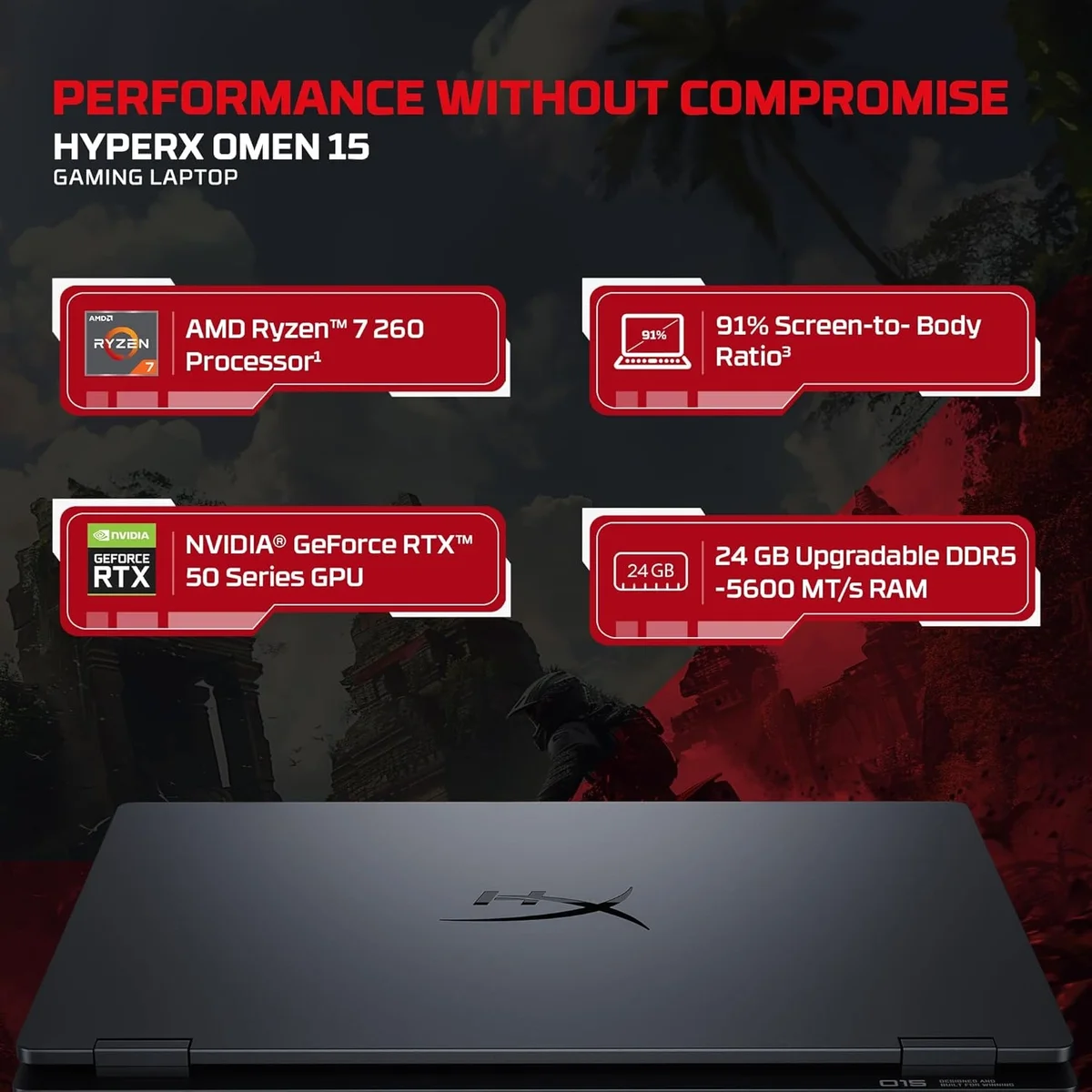HP Smartchoice HyperX OMEN 15, AMD Ryzen 7 260, 24GB DDR5, 1TB SSD, 8GB-RTX 5050, 15.3''/38.9cm, 180Hz, 2.5K, 500 nits, 3ms RT, Win 11 Home, MS Office 2024, Black, 2.42kg, gb0038AX, 1 Year Warranty, AI Gaming Laptop image 5