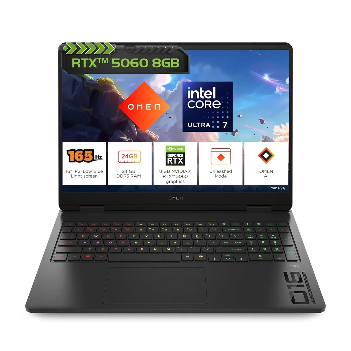 HP Omen, Intel Core Ultra 7 255H, 24GB DDR5, 1TB SSD, 8GB RTX 5060, 16''/40.6cm, 165Hz, 2k WUXGA, 3ms, 400 nits, , Win 11 Home, Microsoft 365* Office 24, Black, 2.42kg, an0015TX, RGB keyboard, Gaming Laptop