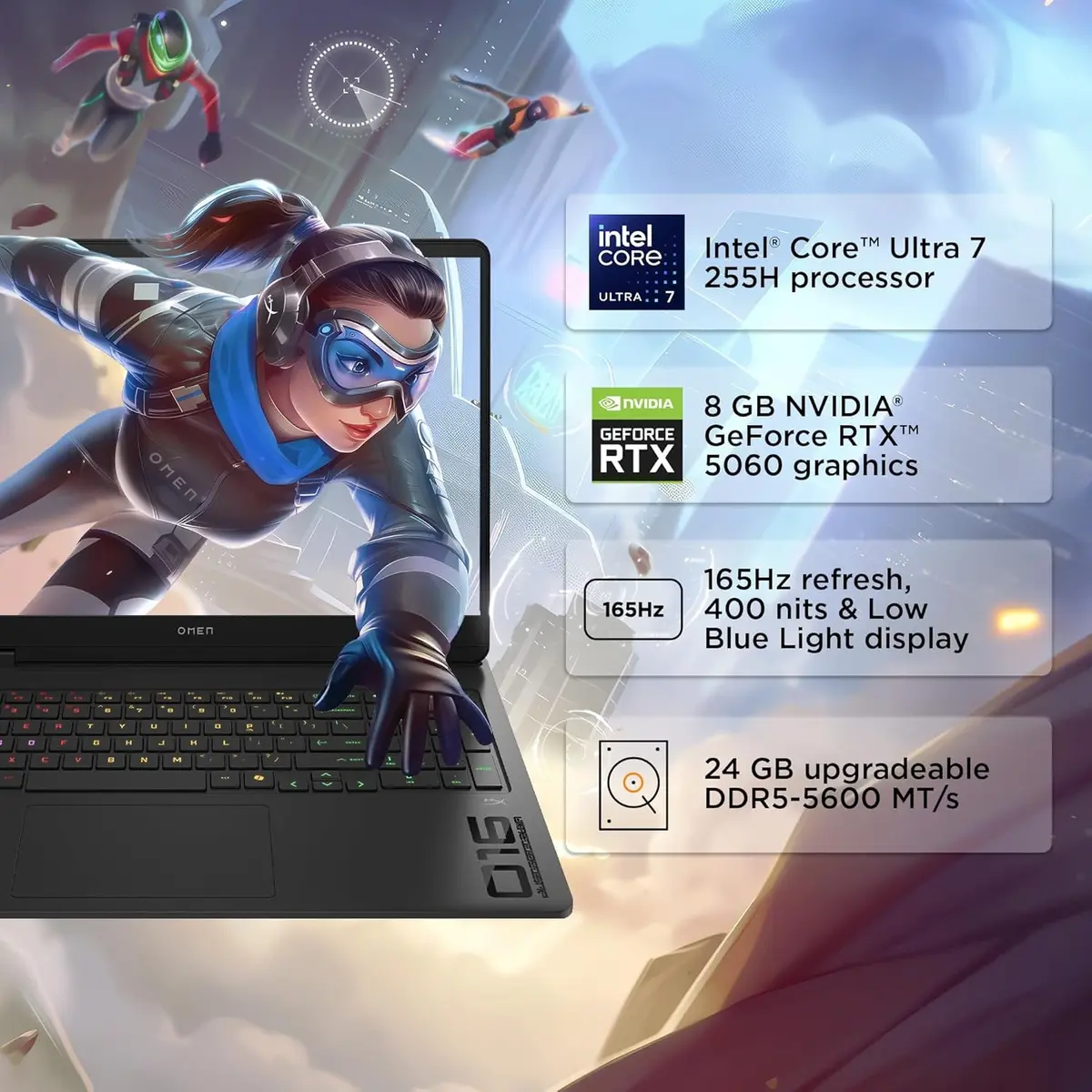 HP Omen, Intel Core Ultra 7 255H, 24GB DDR5, 1TB SSD, 8GB RTX 5060, 16''/40.6cm, 165Hz, 2k WUXGA, 3ms, 400 nits, , Win 11 Home, Microsoft 365* Office 24, Black, 2.42kg, an0015TX, RGB keyboard, Gaming Laptop image 2
