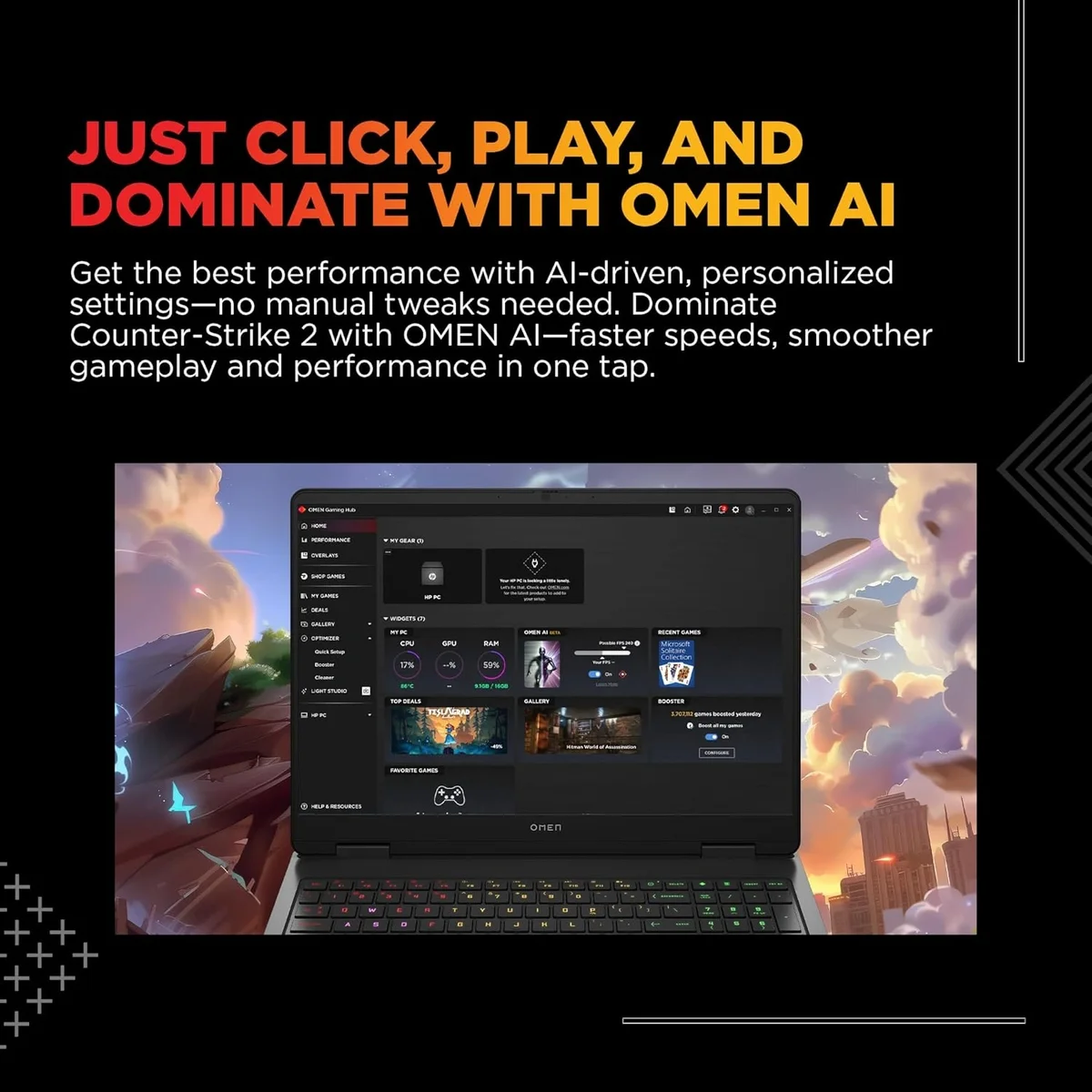 HP Omen, Intel Core Ultra 7 255H, 24GB DDR5, 1TB SSD, 8GB RTX 5060, 16''/40.6cm, 165Hz, 2k WUXGA, 3ms, 400 nits, , Win 11 Home, Microsoft 365* Office 24, Black, 2.42kg, an0015TX, RGB keyboard, Gaming Laptop image 6