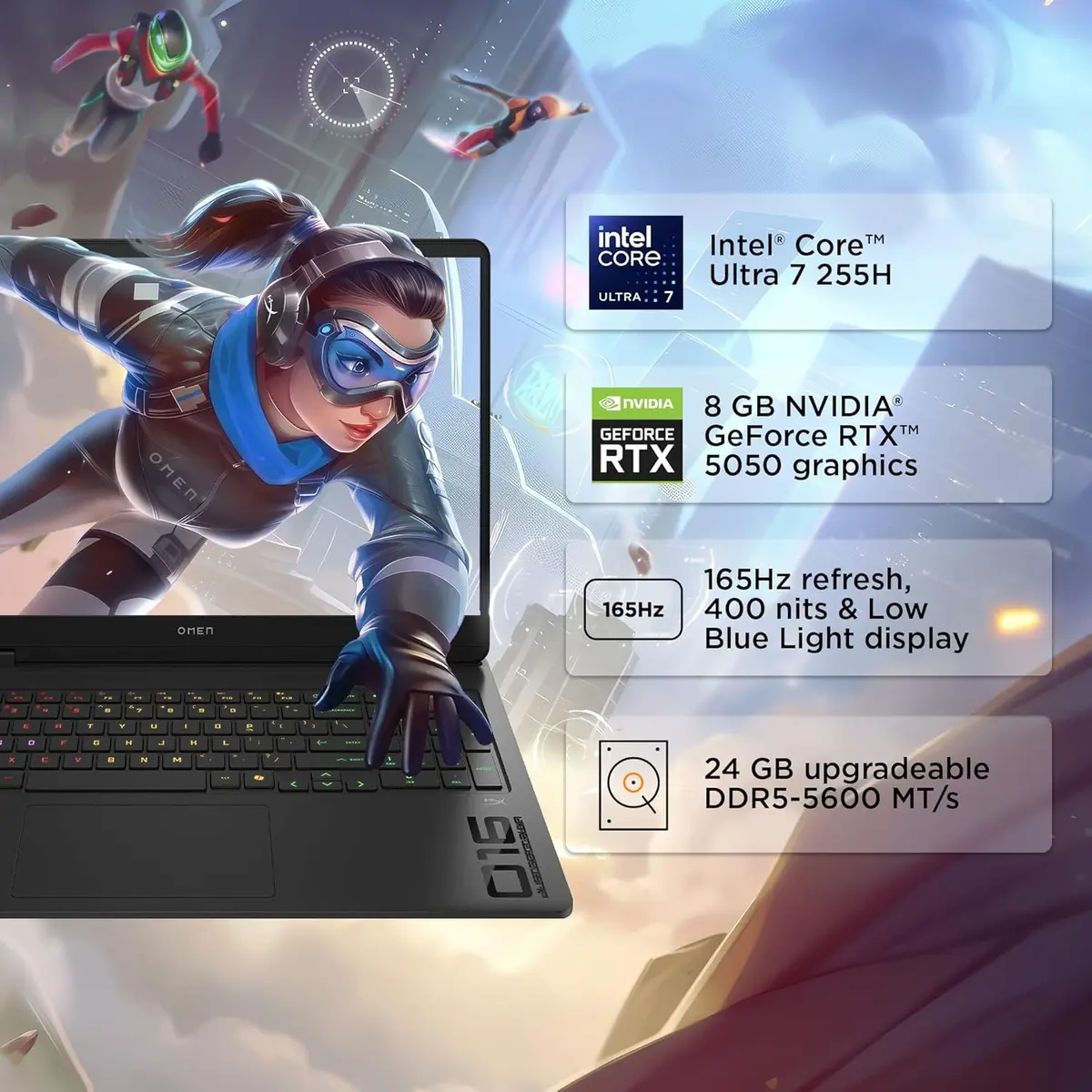 HP Omen, Intel Core Ultra 7 255H, 24GB DDR5, 1TB SSD, 8GB RTX 5050, 2K 16''/40.6cm, IPS, 165Hz, 3ms Response time, Win 11 Home, MS Office 365 *Office 2024, Shadow Black, 2.43kg, RGB Keyboard, am0240tx, 1 Year Warranty, Gaming Laptop image 2