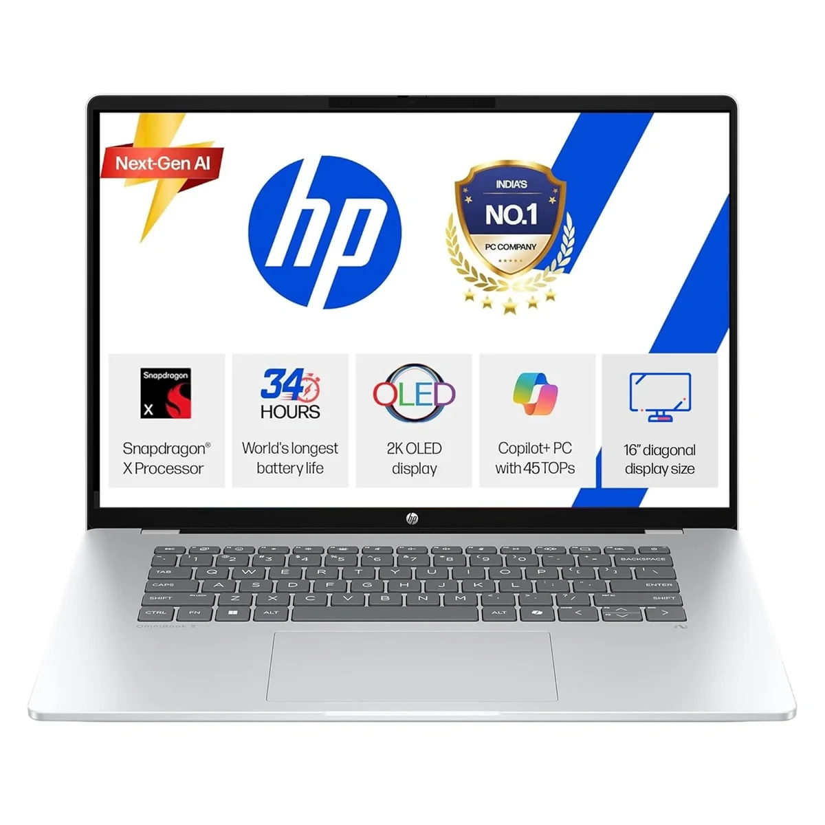 HP Smartchoice Omnibook 5 OLED, Snapdragon X Processor, 16GB LPDDR5x, 1TB SSD, 2K OLED,16''/40.6cm, Win 11 Home, MS Office 365 (1yr) *Office 2024, Glacier Silver, 1.59kg, fb0001QU, 1 Year Warranty, Next-Gen AI Laptop