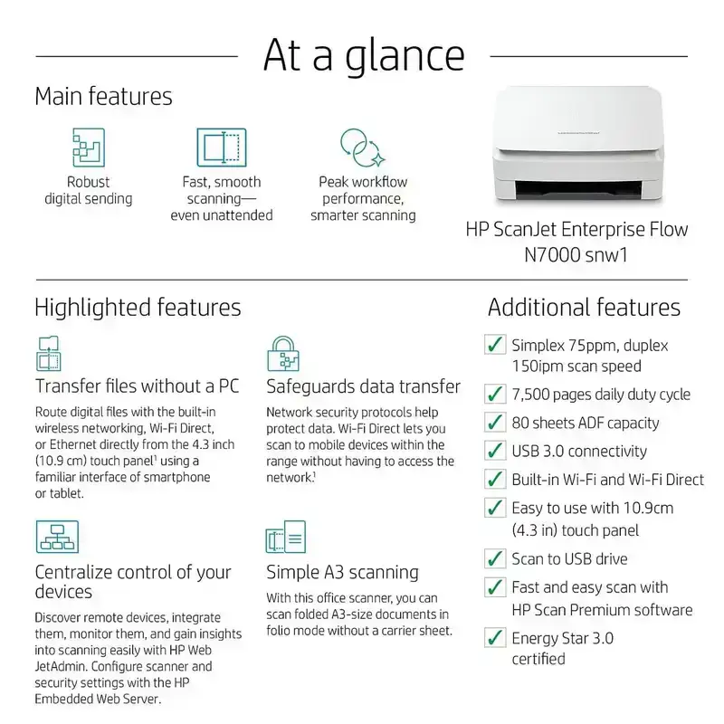 HP ScanJet Enterprise Flow N7000 snw1, 75 PPM, 512 MB, USB 3.0, Ethernet, Wireless or WiFi, A4 ADF Scanner, 1 Year Warranty image 4