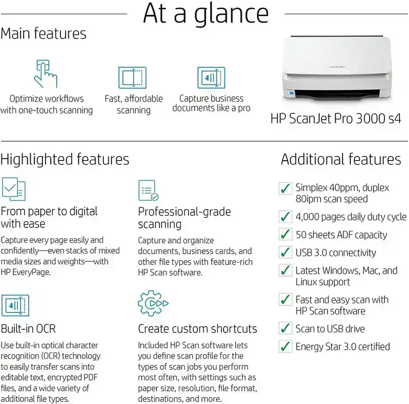 HP Scanjet Pro 3000 s4 Sheet-Feed A4 Scanner | Simplex 40 PPM | Duplex 80 PPM | 256 MB | Automatic Duplex | USB 3.0 | 1 Year warranty image 4