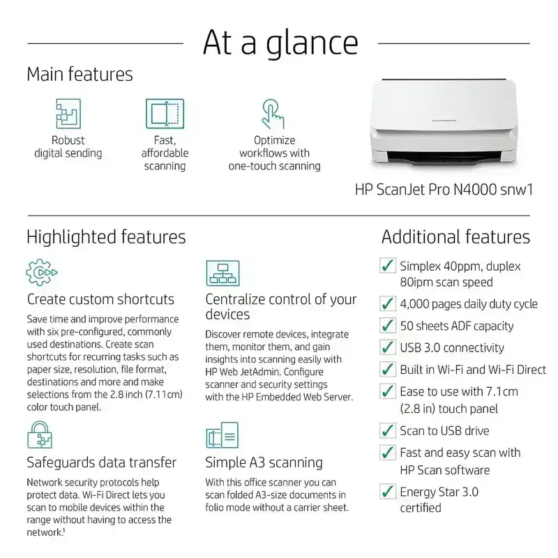HP ScanJet Pro N4000 snw1 | 40 PPM | 512 MB | Wireless or Wi-Fi | USB 3.0, Ethernet, Wireless or Wi-Fi | Color Automatic Duplex A4 Scanner | 1 Year Warranty  image 4