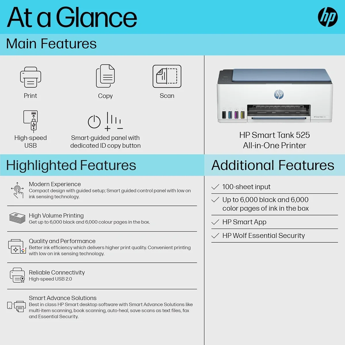 HP Smart Tank 525 All-in-One Colour Printer – Print, Scan & Copy | USB Connectivity | Up to 4800 × 1200 dpi Print Resolution | Print,Scan & Copy for Home/Office image 5