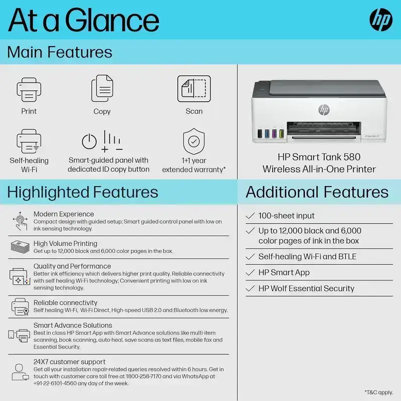 HP Smart Tank 580 A4 Ink Tank Colour Multifunction Printer | 12 PPM (Black) and 5 PPM (Color) | 64 MB |  USB 2.0, Wireless or Wi-Fi | Print, Copy, Scan | 1 Year Warranty image 4