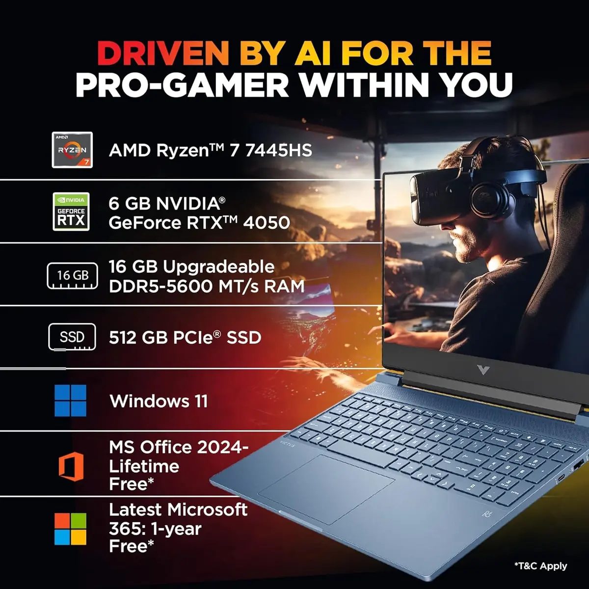 HP Victus AMD Ryzen 7 7445HS, RTX 4050 Graphic Card, 16GB DDR5, 512GB SSD, Backlit Keyboard, Win 11 Home, MS Office Home 2024, 1 Year Microsoft 365 Basic Free, 15.6-inch 144Hz FHD IPS, fb3130AX, Gaming Laptop image 5