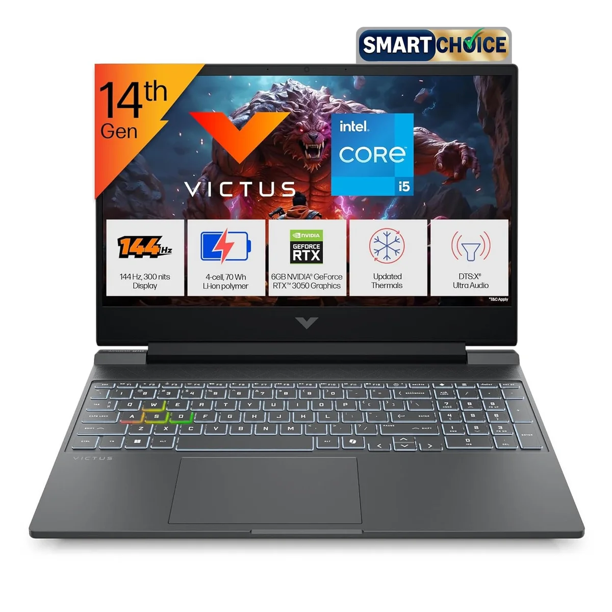 HP Smartchoice Victus, Intel Core i5-14450HX, 24GB DDR5, 512GB SSD, 6GB RTX 3050, 15.6''/39.6cm FHD, 144Hz, Win 11 Home, MS Office 365* Office 2024, Mica Silver, 2.3kg, fa2303tx/fa2315tx, RGB Keyboard, 1 Year Warranty, Gaming Laptop