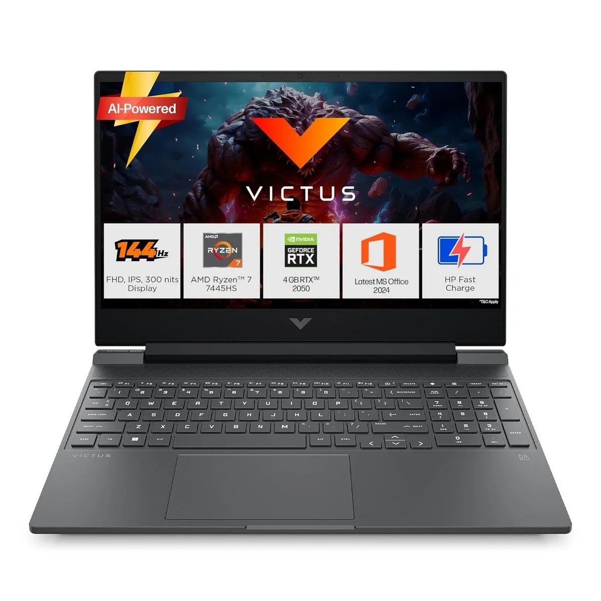 HP Victus, AMD Ryzen 7 7445HS, 16GB DDR5, 512GB SSD, 4GB RTX 2050, 15.6''/39.6cm FHD, 144Hz, 300 nits, IPS, Win 11 Home, MS Office 365* Office 2024, Mica Silver, 2.29kg, fb3123AX, Backlit, 1 Year Warranty, Gaming Laptop