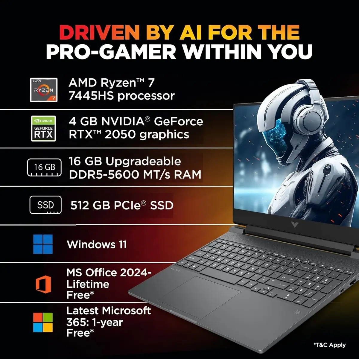 HP Victus, AMD Ryzen 7 7445HS, 16GB DDR5, 512GB SSD, 4GB RTX 2050, 15.6''/39.6cm FHD, 144Hz, 300 nits, IPS, Win 11 Home, MS Office 365* Office 2024, Mica Silver, 2.29kg, fb3123AX, Backlit, 1 Year Warranty, Gaming Laptop image 6