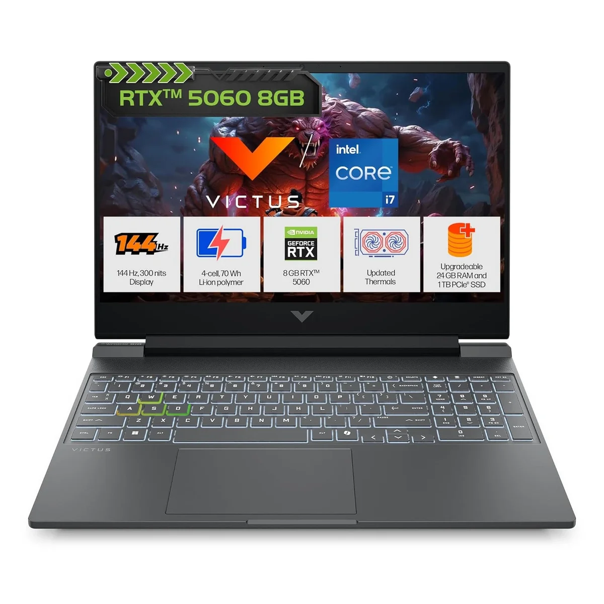 HP Smartchoice Victus, Intel Core i7-13620H, 24GB DDR5, 1TB SSD, 8GB RTX 5060, 15.6"/39.6cm FHD, 144Hz, Win 11 Home, MS Office 365(1yr) * Office 2024, Mica Silver, 2.29Kg, fa2308TX, RGB Keyboard, Gaming Laptop image 1