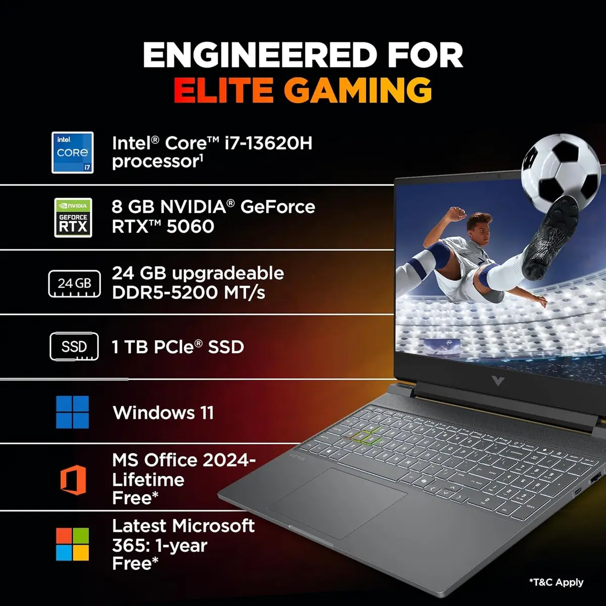 HP Smartchoice Victus, Intel Core i7-13620H, 24GB DDR5, 1TB SSD, 8GB RTX 5060, 15.6"/39.6cm FHD, 144Hz, Win 11 Home, MS Office 365(1yr) * Office 2024, Mica Silver, 2.29Kg, fa2308TX, RGB Keyboard, Gaming Laptop image 6