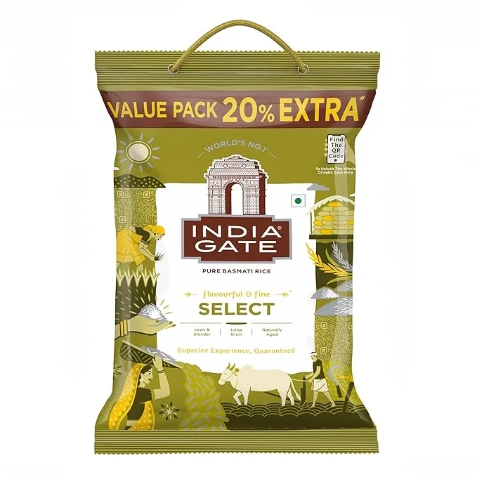 India Gate Select Premium Basmati Rice, aged with extra long grains and rich aroma, 5 kg pack plus 1 kg free.