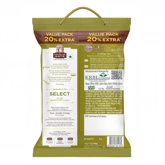  INDIA GATE Select Premium Basmati Rice | Aged Rice with Extra Long Grains & Rich Aroma | 5 kg Pack with Extra 1 kg Free image 3