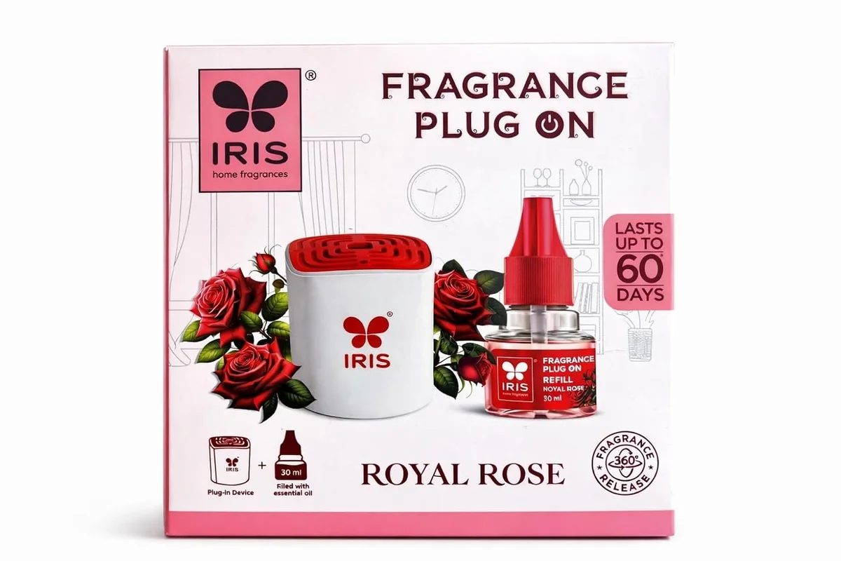 Iris Fragrance Plug On Royal Rose electric air freshener with 30ml essential oil refill.